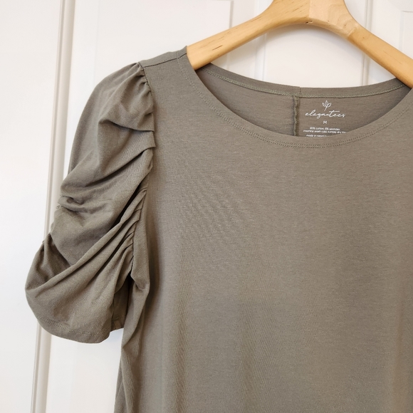 Elegant Tees Top Olive Green Ruched Sleeves Short Sleeve Scoop Neck Large - Picture 5 of 12